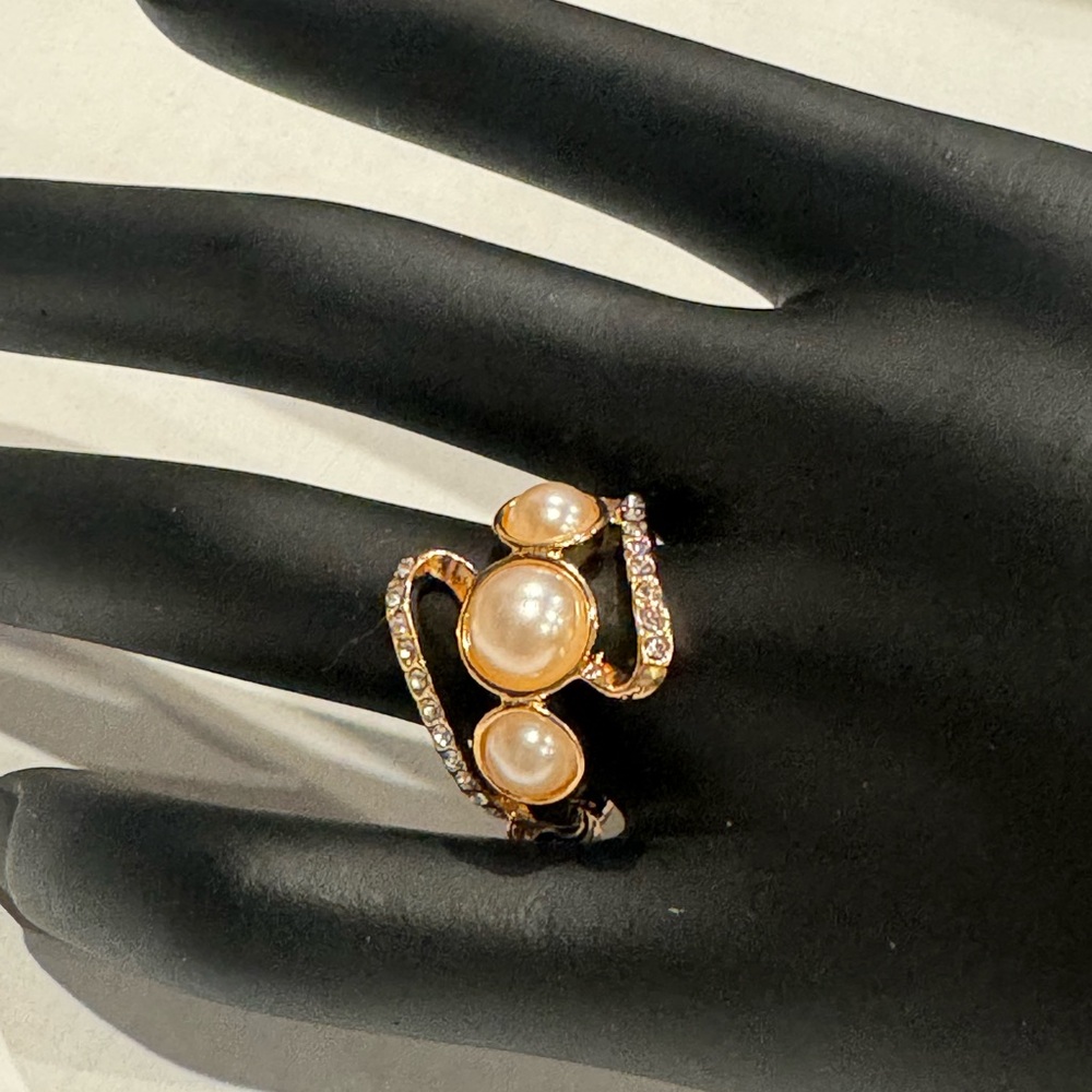 Gold Tone with Faux Pearls and CZ’s Statement Ring - One Size Stretch Back